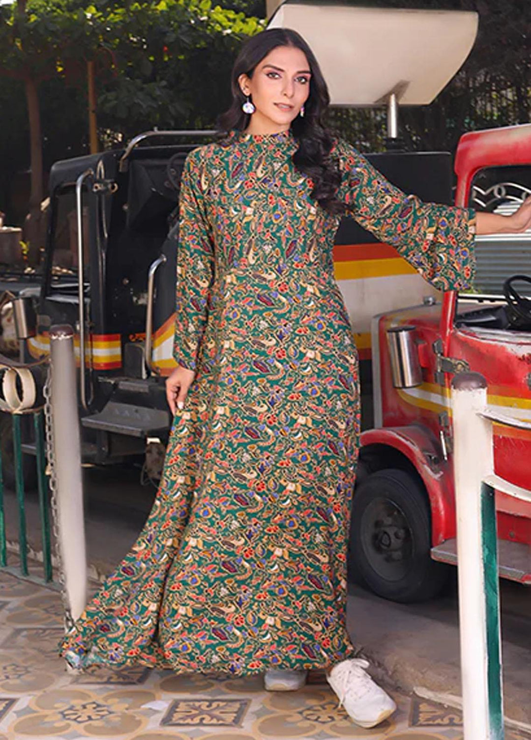 Nazmina Pret Printed Linen Frocks FR-724 Green Shine