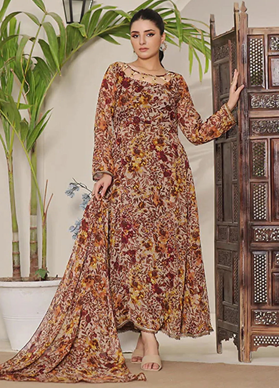 Nazmina Pret Casual Chiffon 2 Piece Suit Nectarine FRT-62