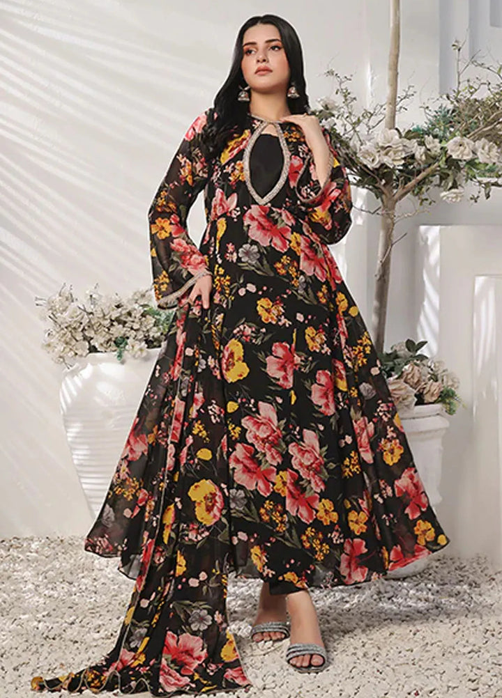 Nazmina Pret Casual Chiffon 3 Piece Suit Charcoal Charm Flowy FRT-69