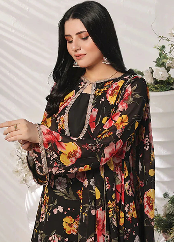 Nazmina Pret Casual Chiffon 3 Piece Suit Charcoal Charm Flowy FRT-69