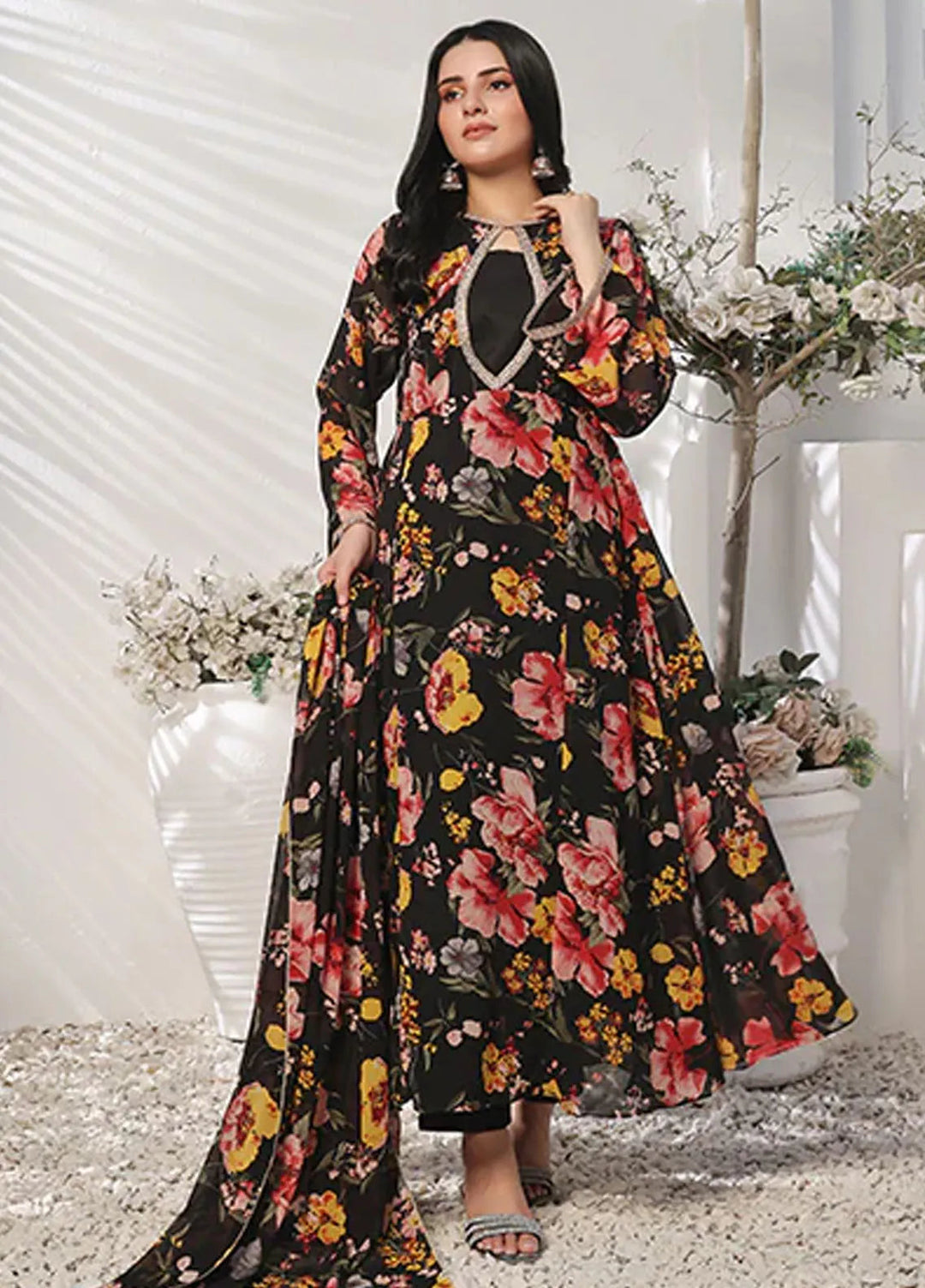 Nazmina Pret Casual Chiffon 3 Piece Suit Charcoal Charm Flowy FRT-69