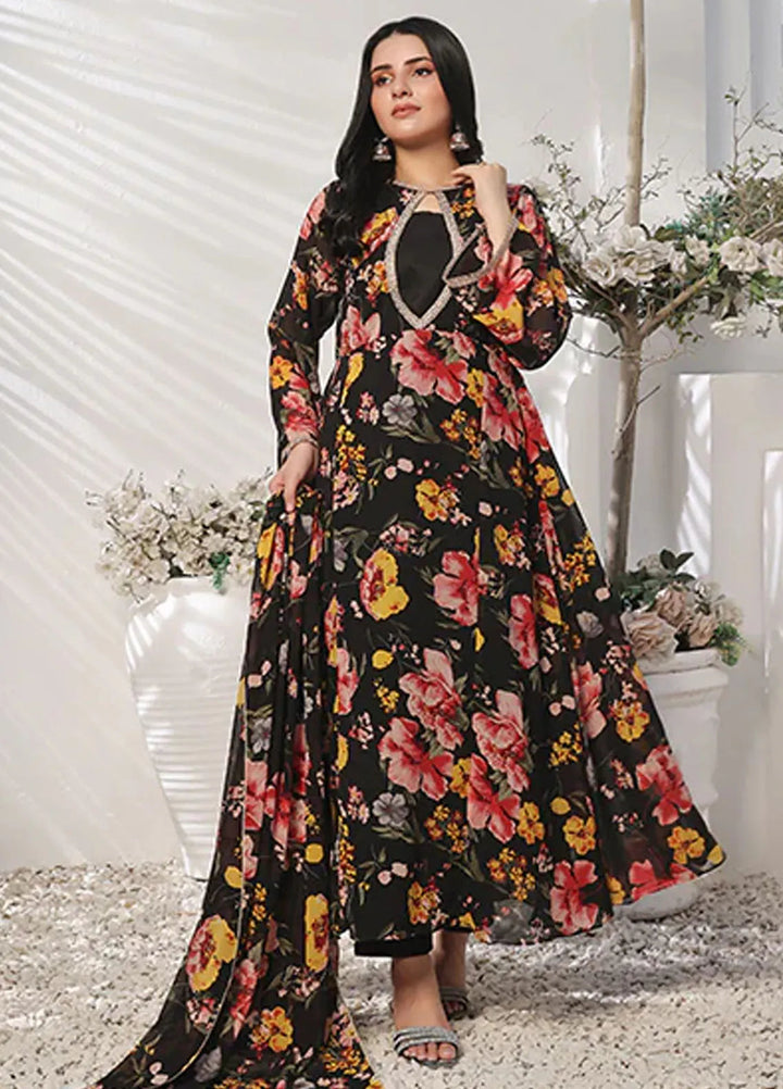 Nazmina Pret Casual Chiffon 3 Piece Suit Charcoal Charm Flowy FRT-69