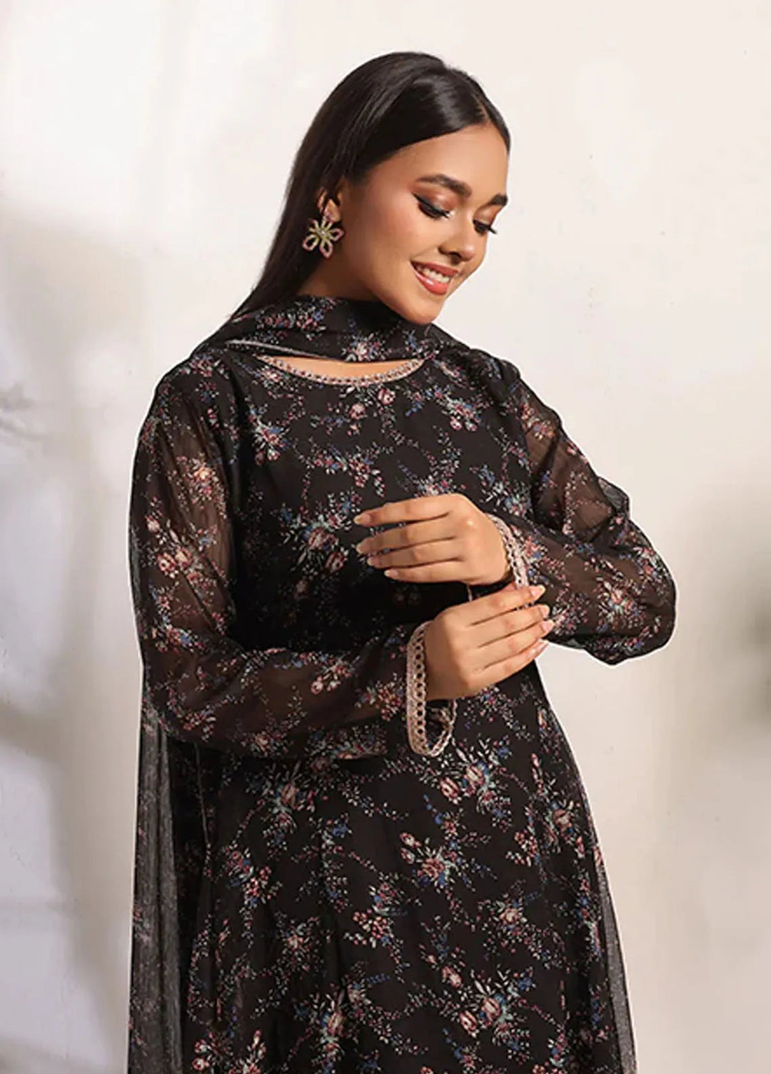 Nazmina Pret Casual Chiffon 3 Piece Suit Charcoal Web FRT-79