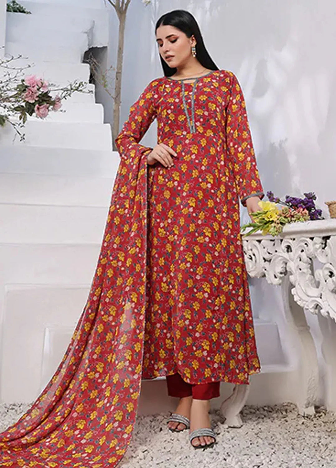 Nazmina Pret Casual Chiffon 3 Piece Suit Dandelion Floweret FRT-75