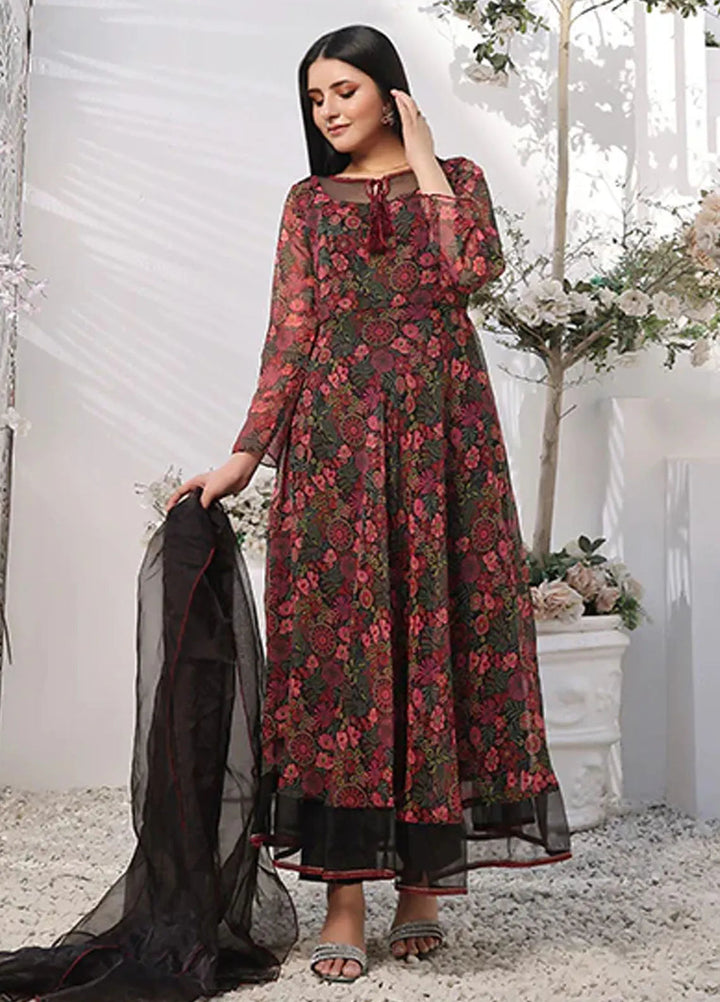 Nazmina Pret Casual Chiffon 3 Piece Suit Dark Orchid Floral FRT-71