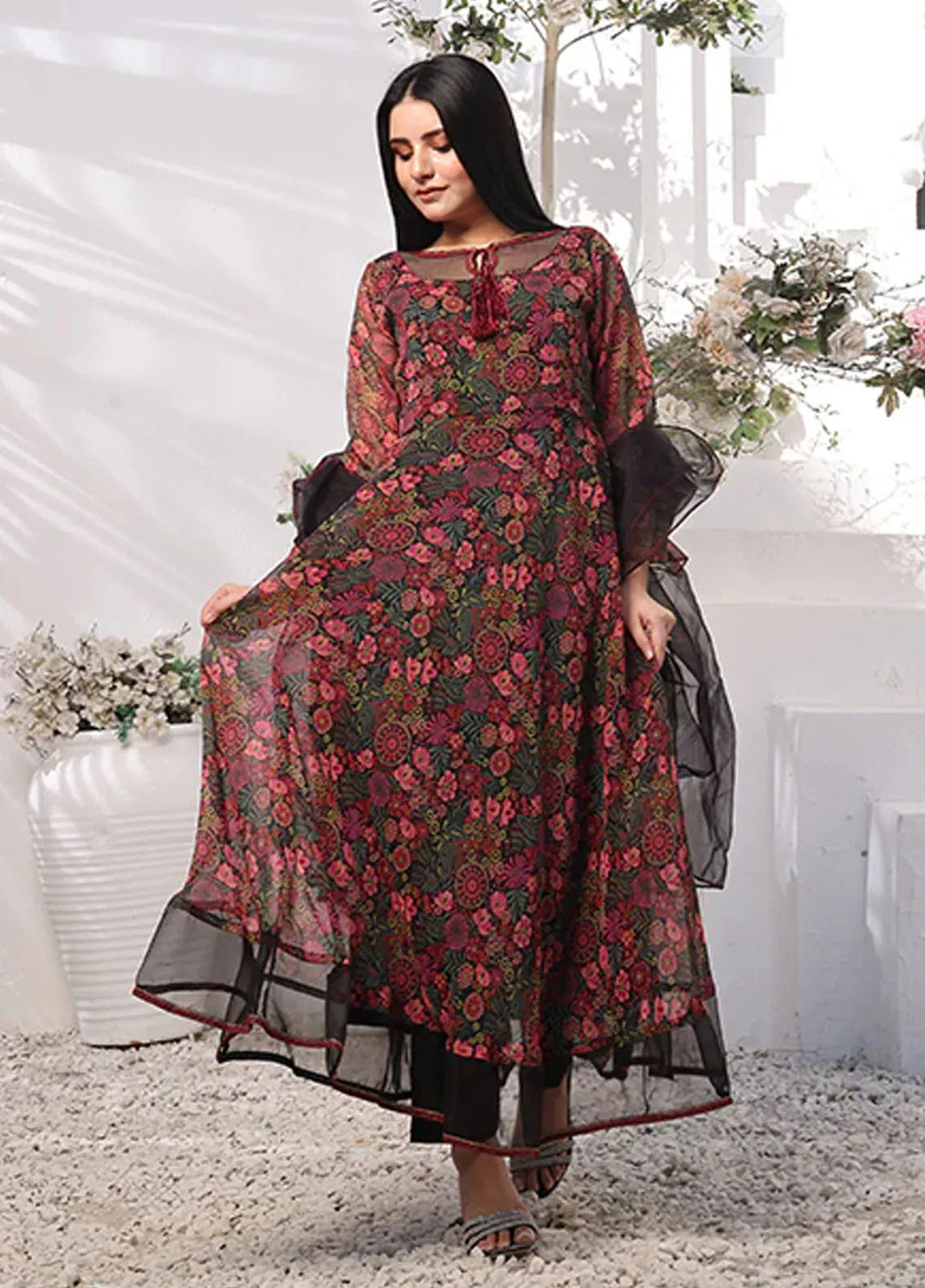 Nazmina Pret Casual Chiffon 3 Piece Suit Dark Orchid Floral FRT-71