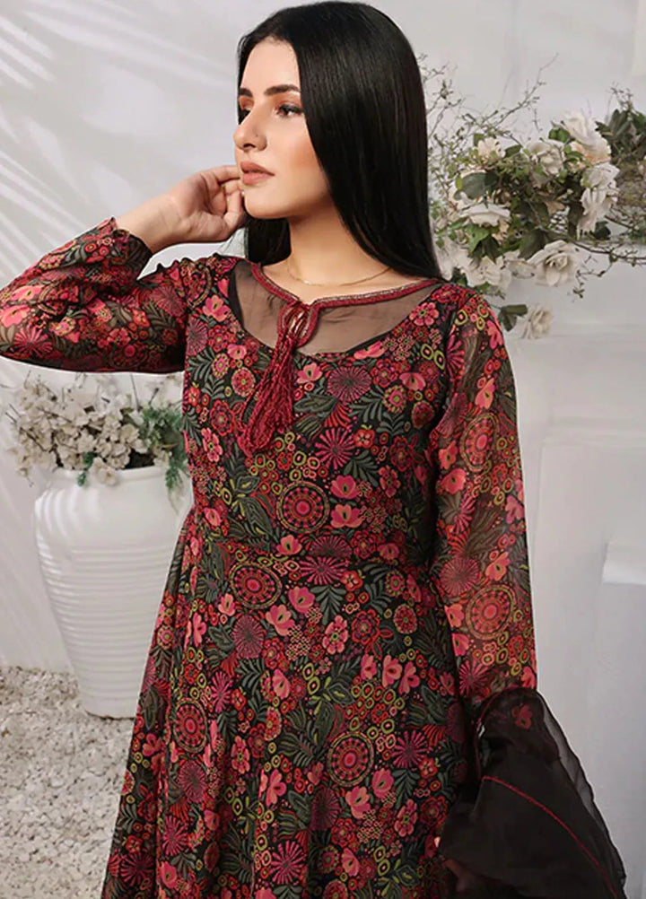 Nazmina Pret Casual Chiffon 3 Piece Suit Dark Orchid Floral FRT-71