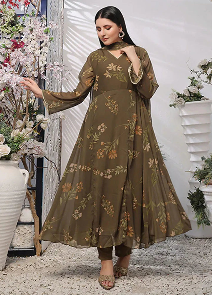 Nazmina Pret Casual Chiffon 3 Piece Suit Moss Floral Flowy FRT-67