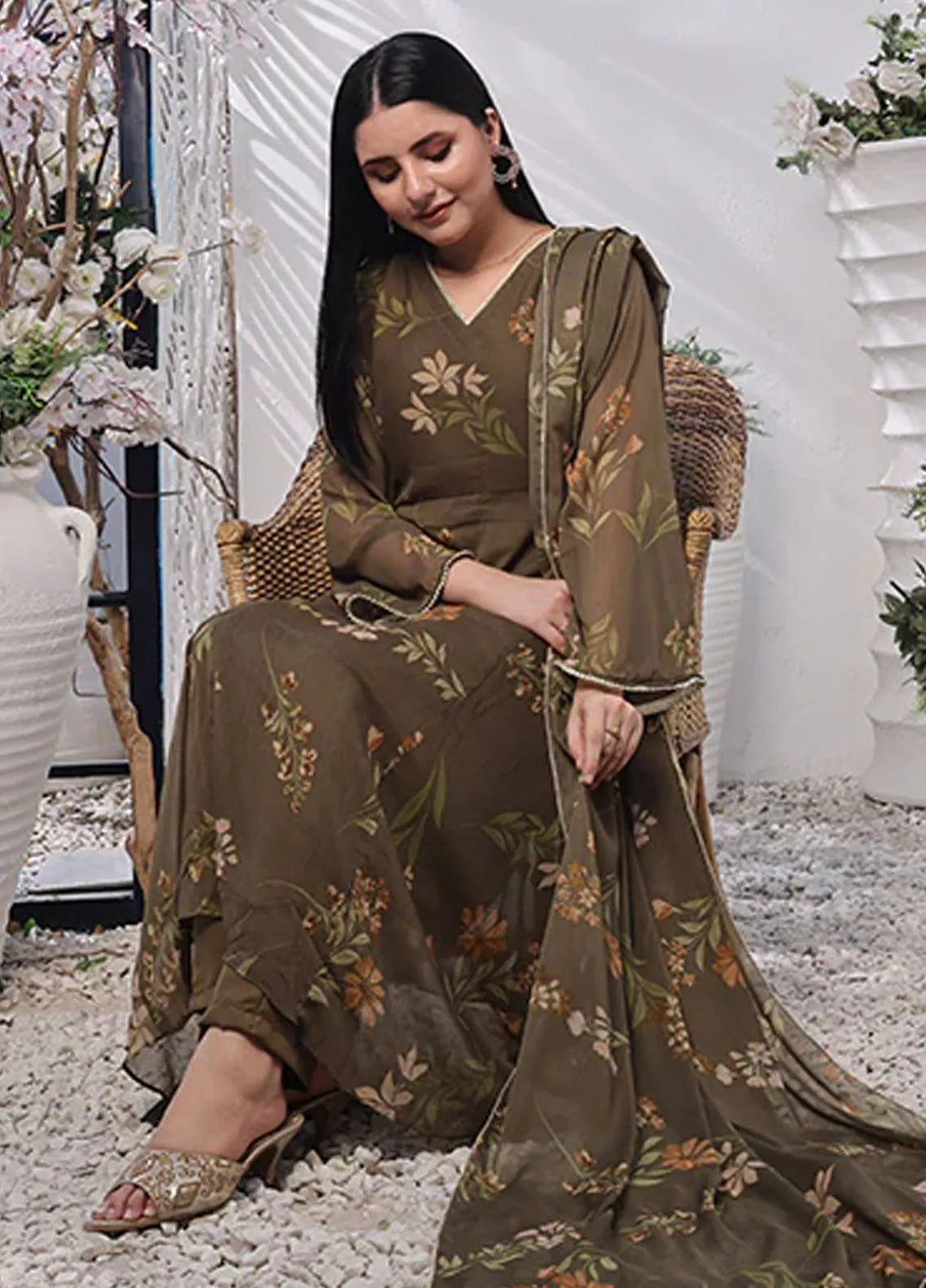 Nazmina Pret Casual Chiffon 3 Piece Suit Moss Floral Flowy FRT-67