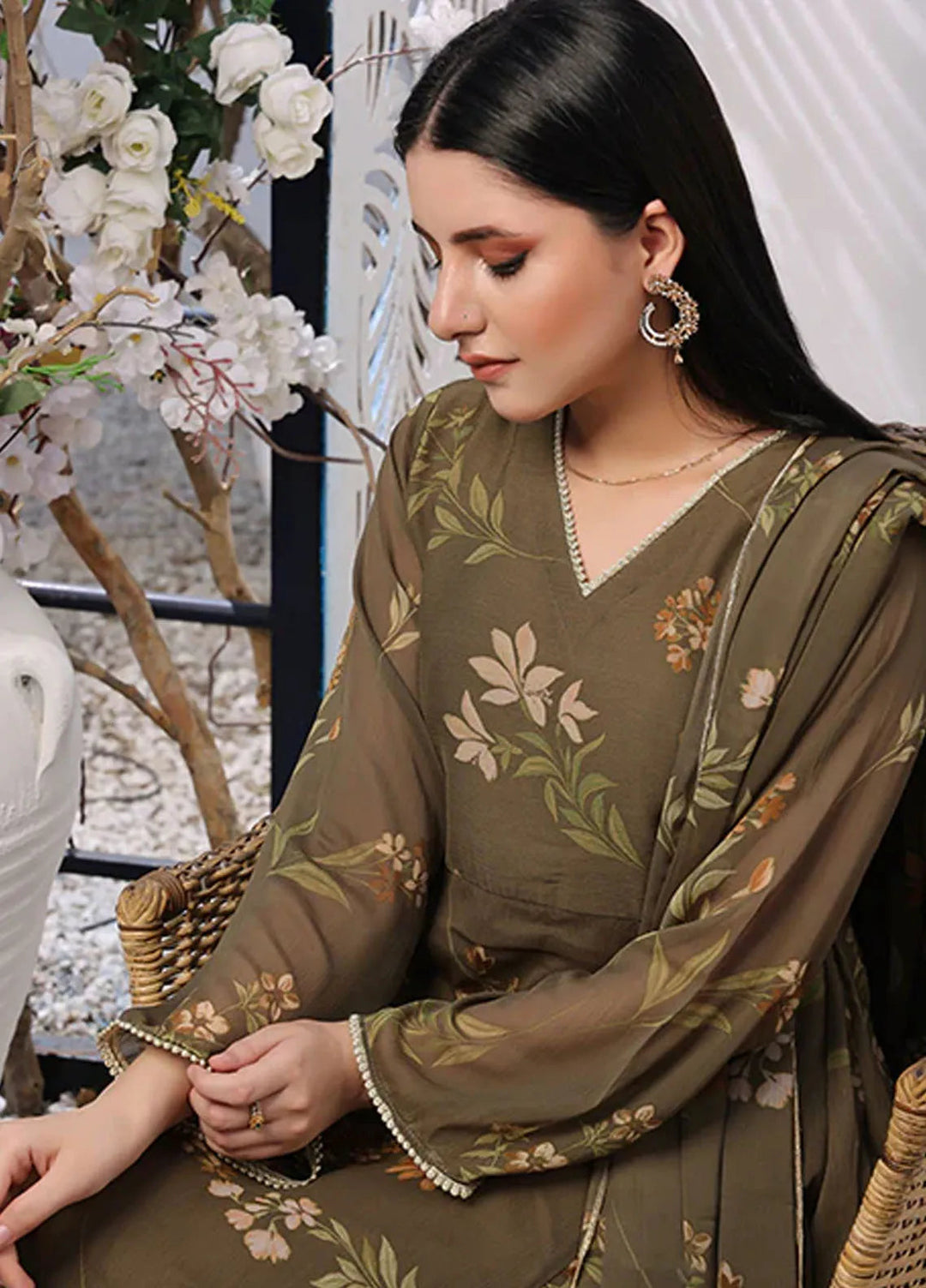 Nazmina Pret Casual Chiffon 3 Piece Suit Moss Floral Flowy FRT-67