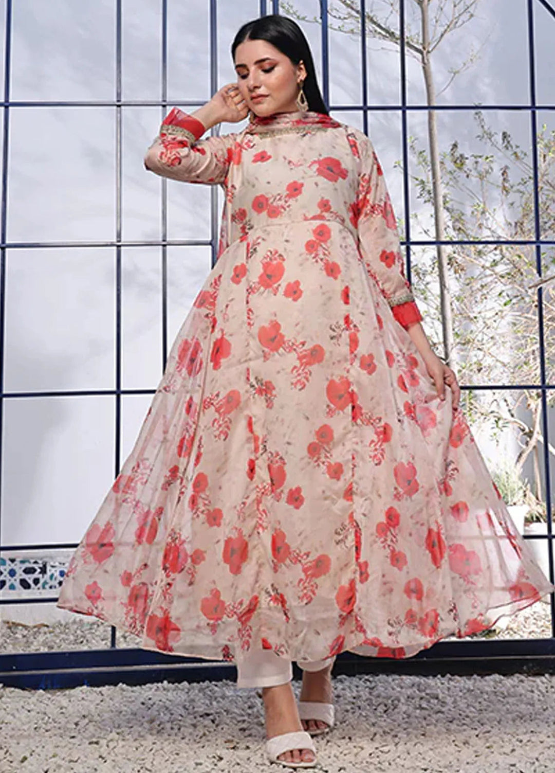 Nazmina Pret Casual Chiffon 3 Piece Suit Ruby Red Amaryllis FRT-70