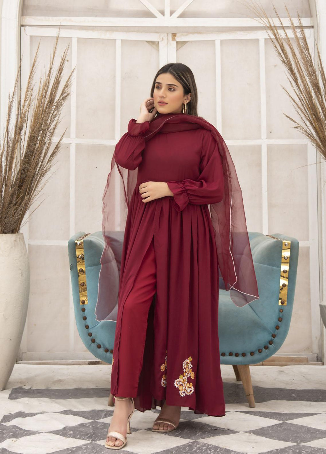Nazmina Pret  Georgette 3 Piece Dress CRIMSON ROSE NE-48