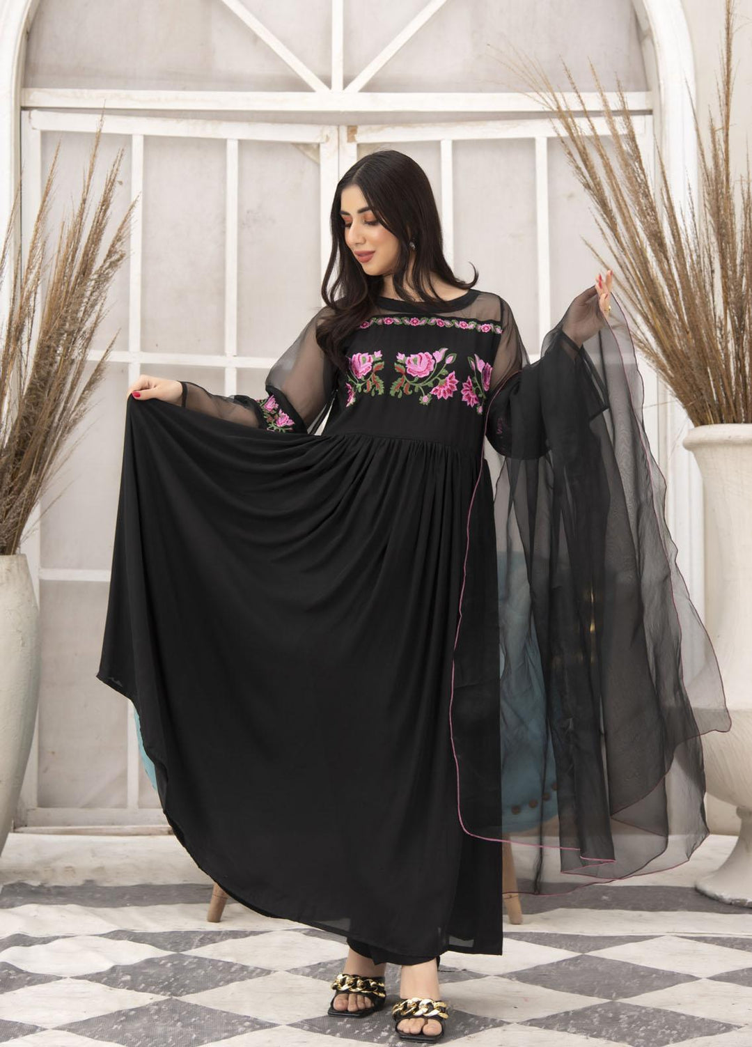 Nazmina Pret  Georgette 3 Piece Dress BLACK WAVE NE-41