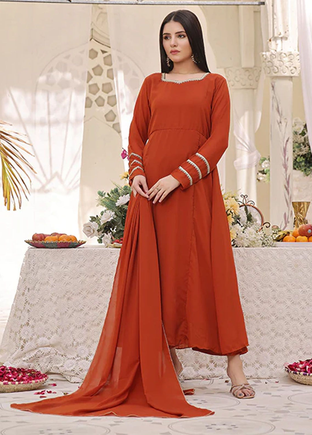 Nazmina Pret Fancy  3 Piece Suit Rust Bloom