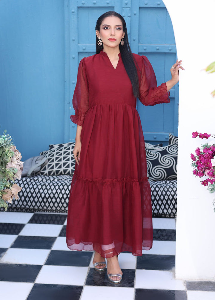 Nazmina Pret Fancy Chiffon Suit FR-614N Flary Long Maroon Frock