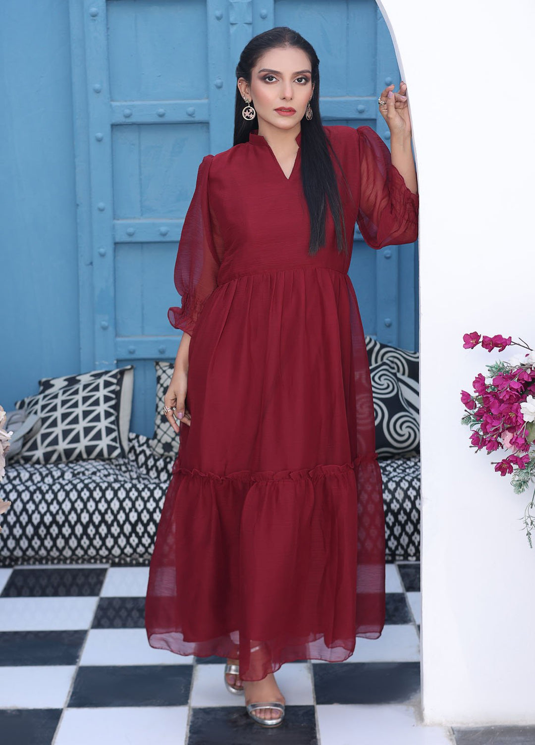 Nazmina Pret Fancy Chiffon Suit FR-614N Flary Long Maroon Frock