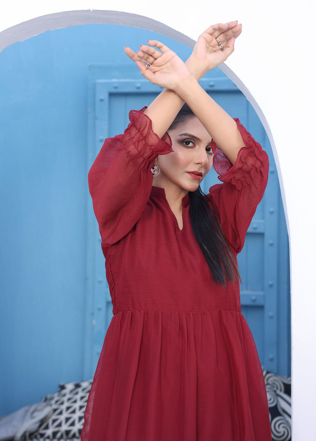 Nazmina Pret Fancy Chiffon Suit FR-614N Flary Long Maroon Frock