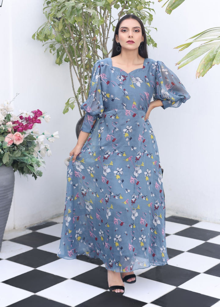 Nazmina Pret Fancy Chiffon Suit FR-730 Ash Cloud Long Maxi