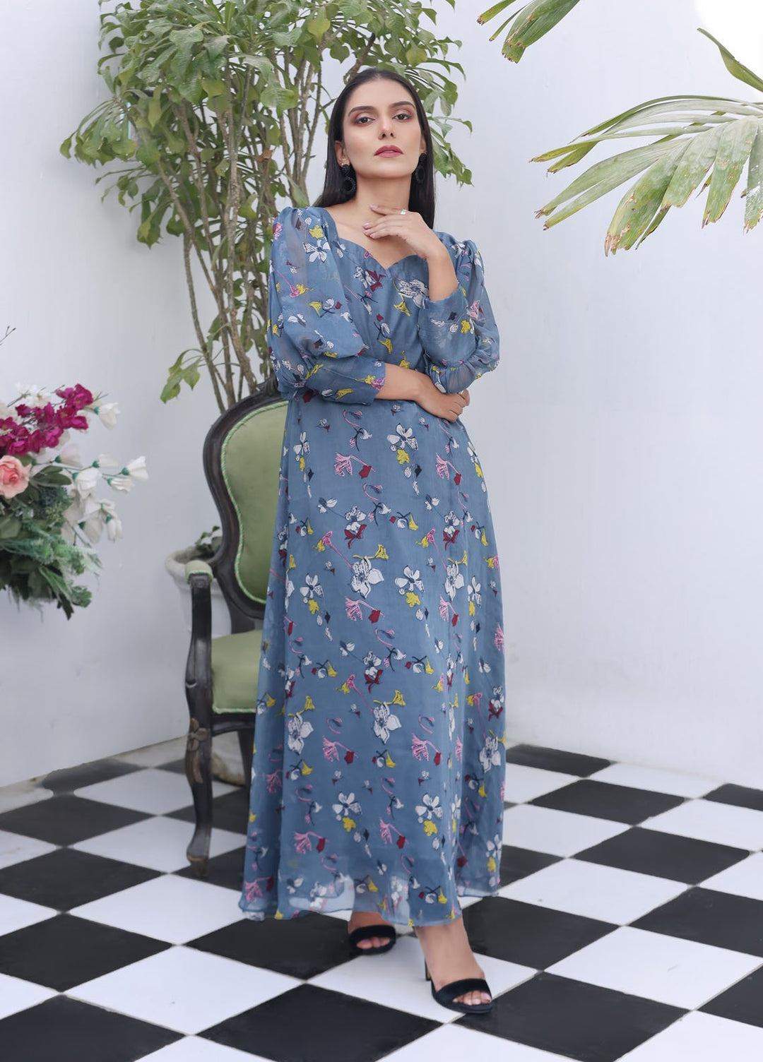 Nazmina Pret Fancy Chiffon Suit FR-730 Ash Cloud Long Maxi