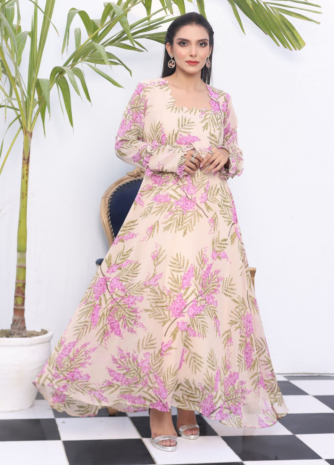 Nazmina Pret Fancy Chiffon Suit FR-731 Blossom Coral Long Maxi