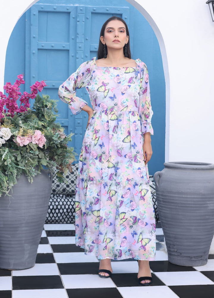 Nazmina Pret Fancy Chiffon Suit FR-735 Spring Butterflies Long Maxi
