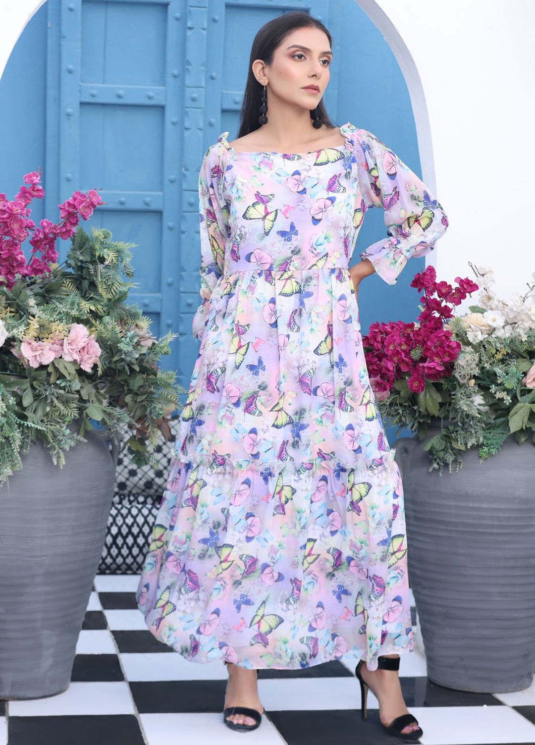 Nazmina Pret Fancy Chiffon Suit FR-735 Spring Butterflies Long Maxi
