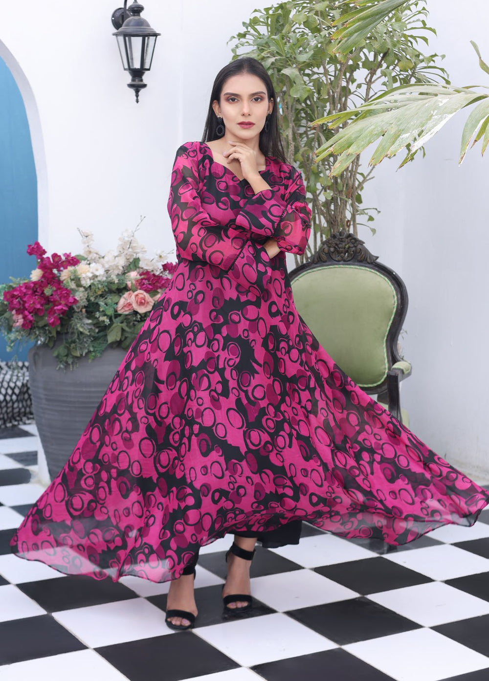 Nazmina Pret Fancy Chiffon Suit FR-736 Shell Pink Long Maxi