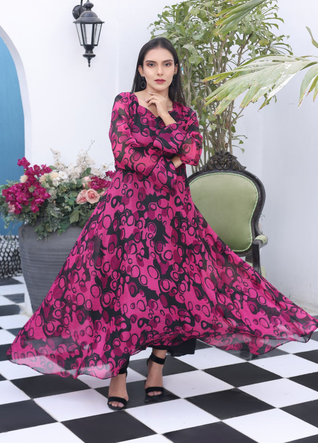 Nazmina Pret Fancy Chiffon Suit FR-736 Shell Pink Long Maxi