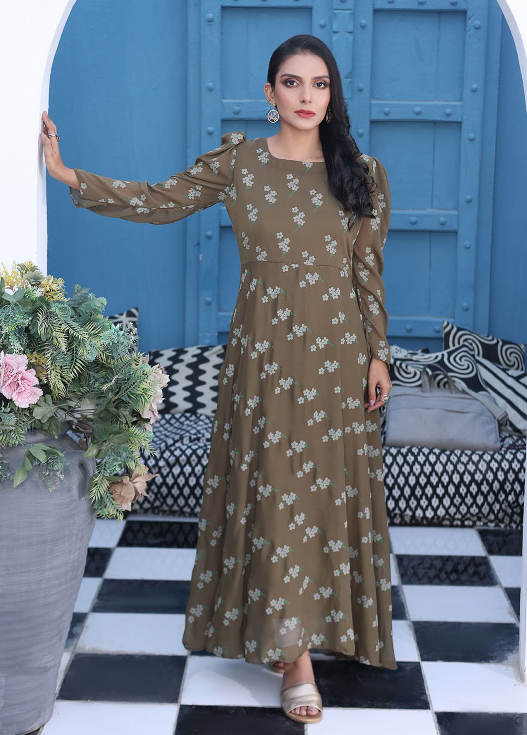 Nazmina Pret Fancy Chiffon Suit FR-739 Moss Emerald Long Maxi