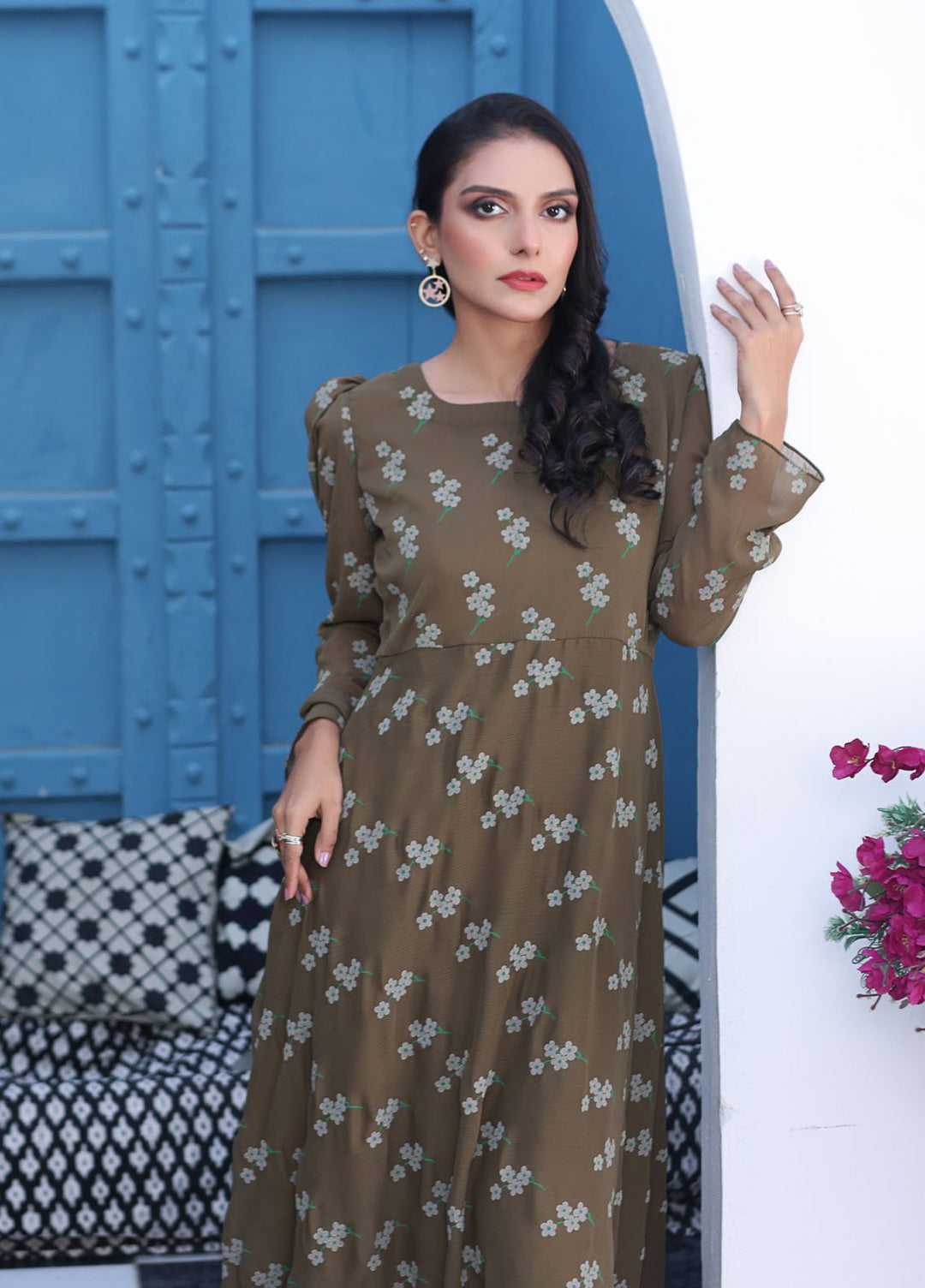 Nazmina Pret Fancy Chiffon Suit FR-739 Moss Emerald Long Maxi