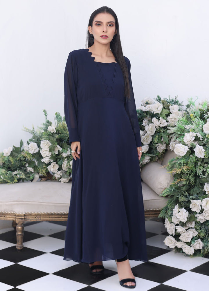 Nazmina Pret Fancy Chiffon Suit FR-744 Sapphire Nightfall Long Maxi
