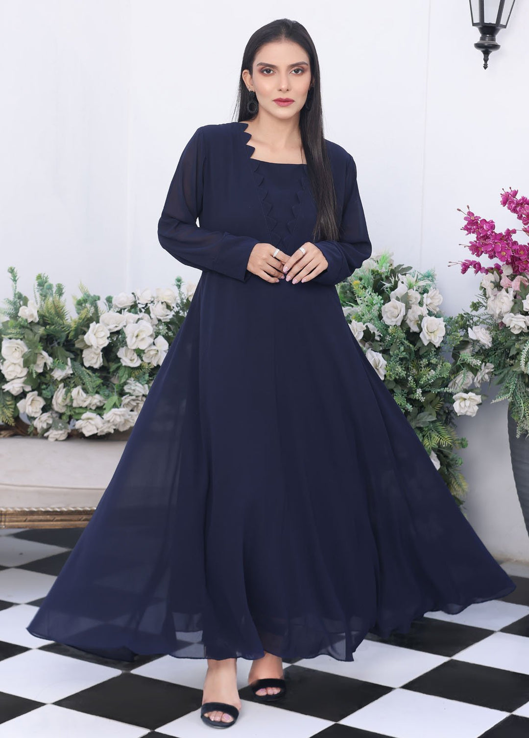 Nazmina Pret Fancy Chiffon Suit FR-744 Sapphire Nightfall Long Maxi