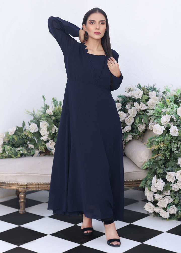 Nazmina Pret Fancy Chiffon Suit FR-744 Sapphire Nightfall Long Maxi