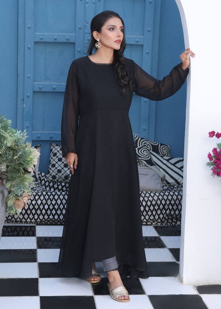 Nazmina Pret Fancy Chiffon Suit FR-745 Lacey Charcoal Long Maxi