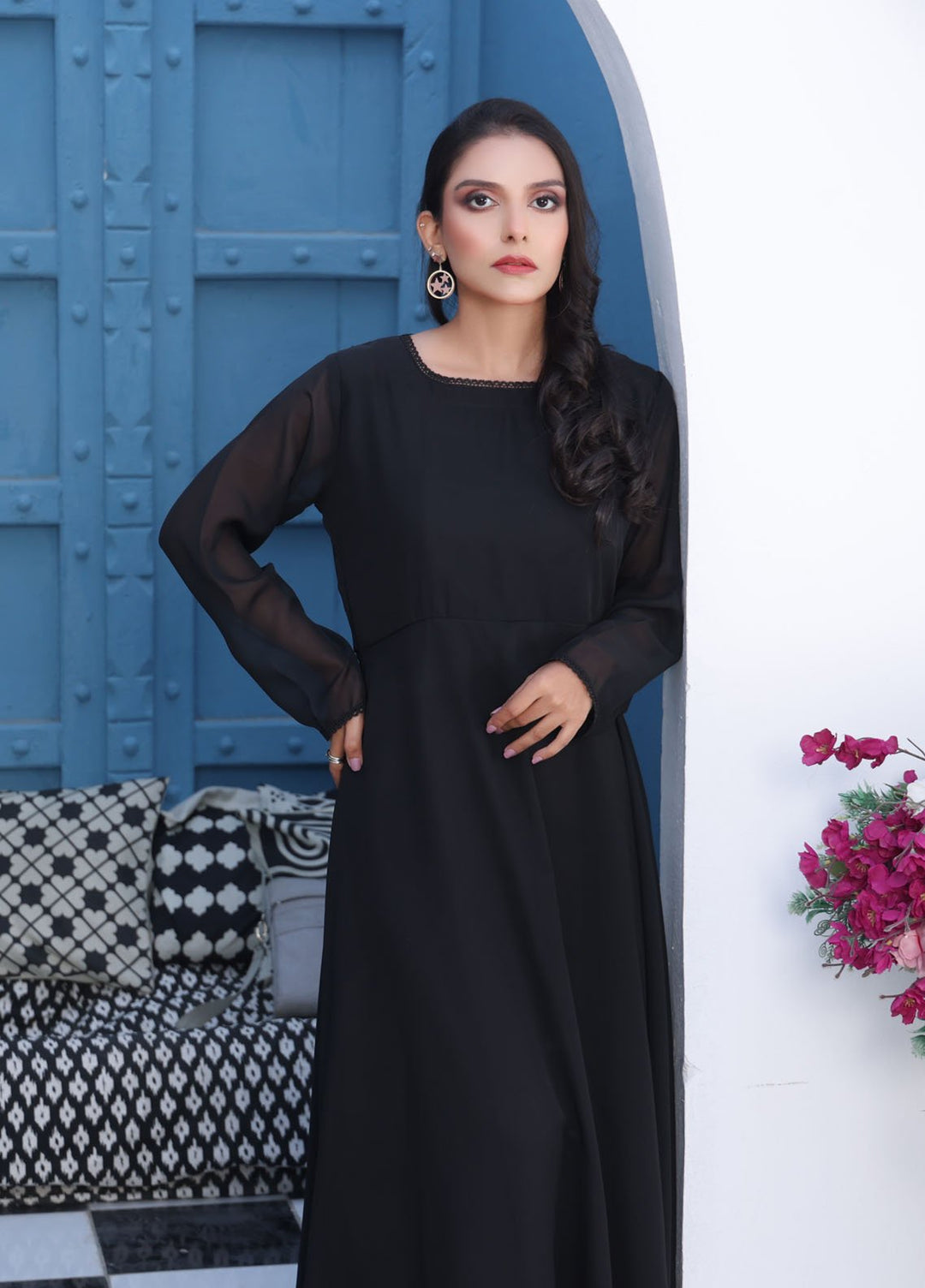 Nazmina Pret Fancy Chiffon Suit FR-745 Lacey Charcoal Long Maxi