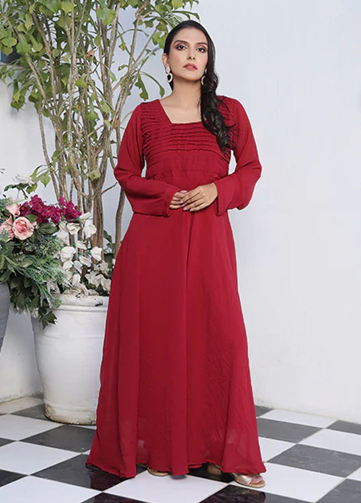 Nazmina Pret Fancy Chiffon Frock FR-747 Ruby Red Flared Long Maxi