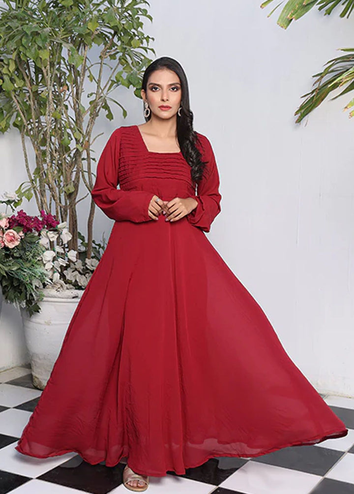 Nazmina Pret Fancy Chiffon Frock FR-747 Ruby Red Flared Long Maxi