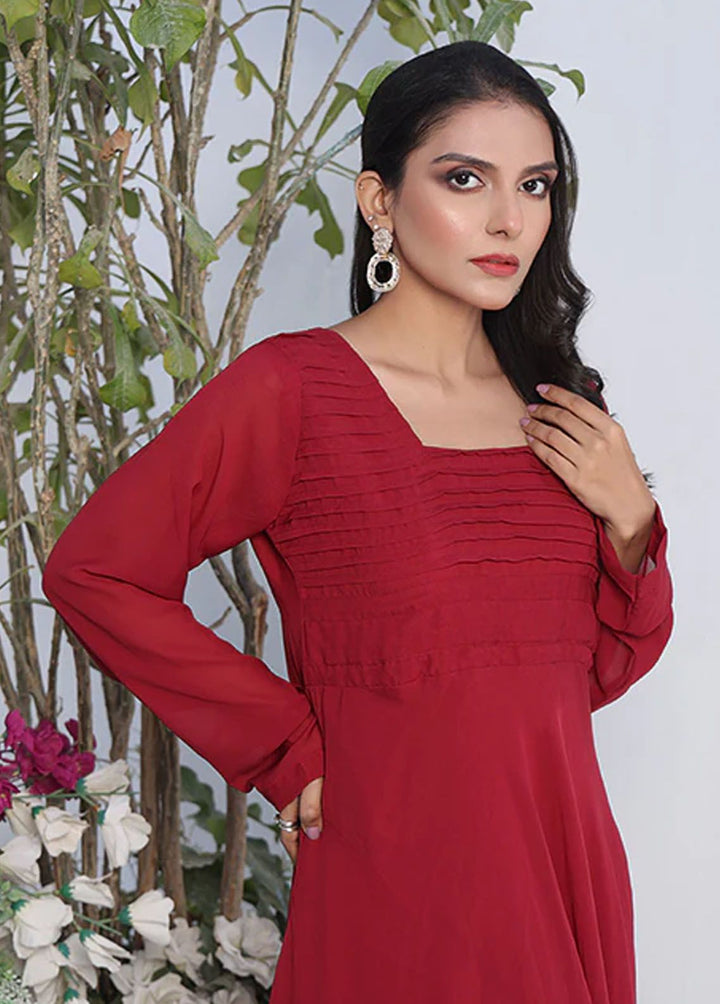 Nazmina Pret Fancy Chiffon Frock FR-747 Ruby Red Flared Long Maxi