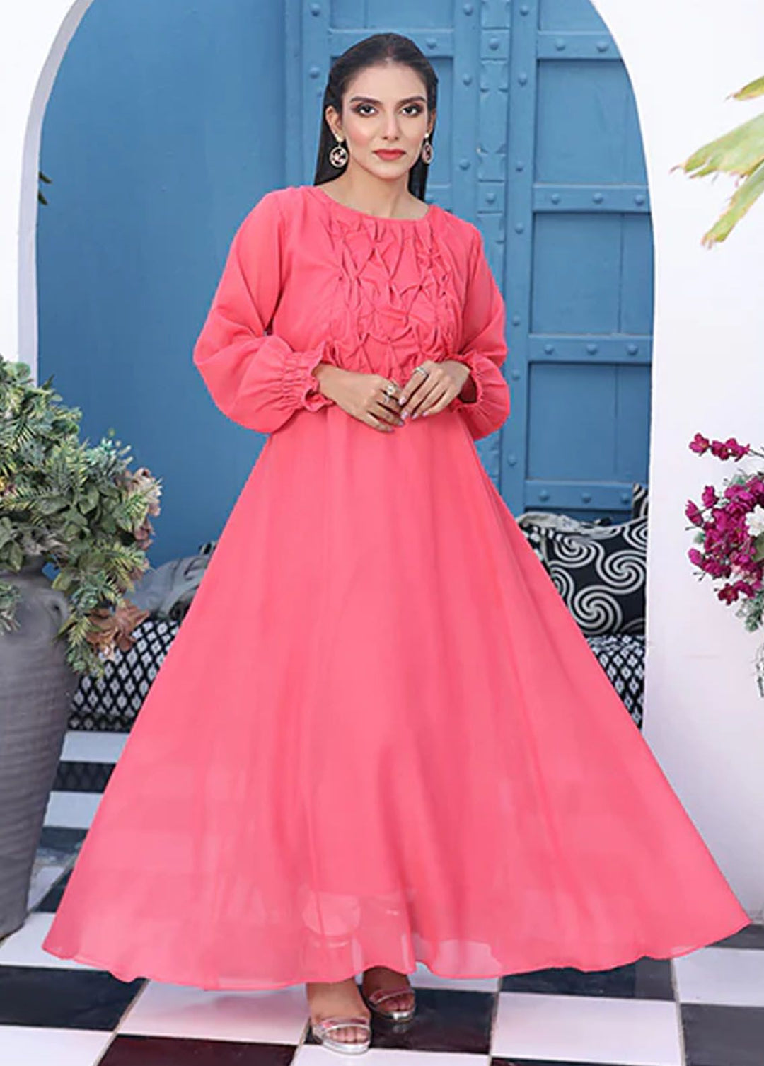 Nazmina Pret Fancy Chiffon Frock FR-748 Blush Fuchsia Long Flared Maxi