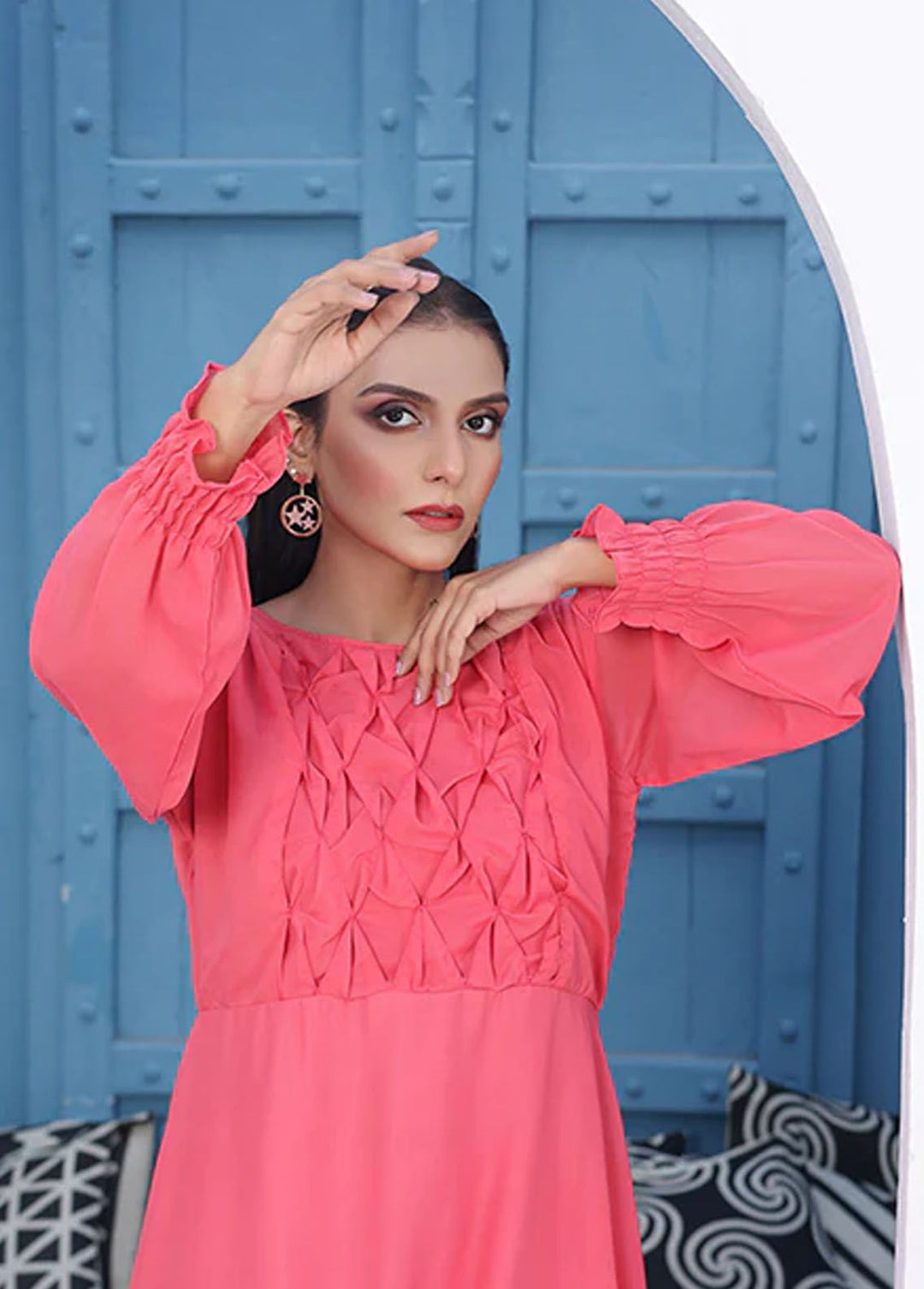 Nazmina Pret Fancy Chiffon Frock FR-748 Blush Fuchsia Long Flared Maxi