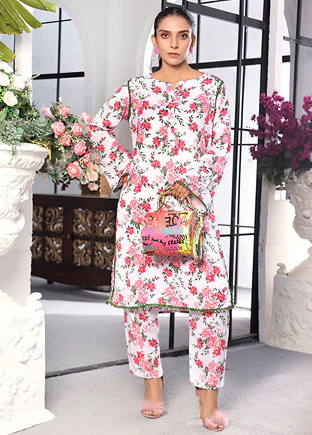 Nazmina Pret Printed Boski 2 Piece Suit kp-322 Snow white