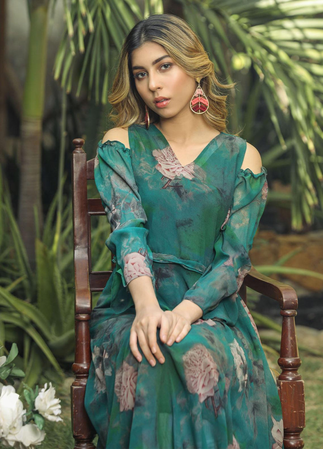 Nazmina Pret Casual Chiffon Shirt NZ22RW FR-542 Hefty Green Floral