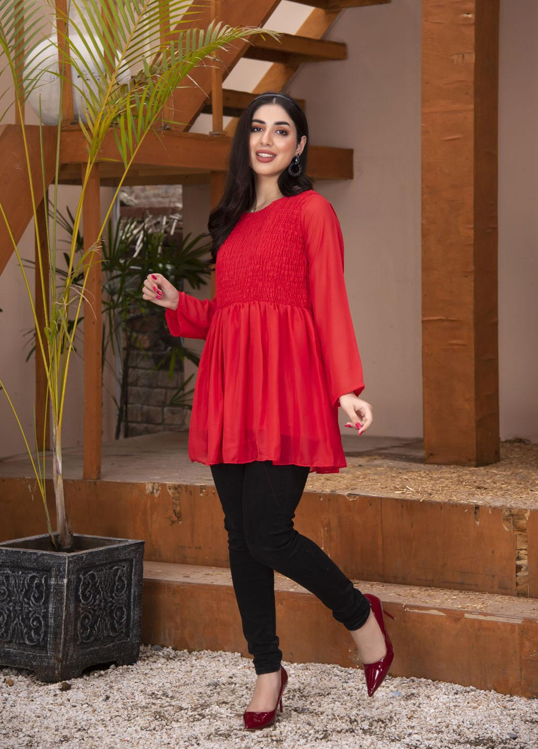 Nazmina Pret Casual Chiffon Top Red Smock ABB-60