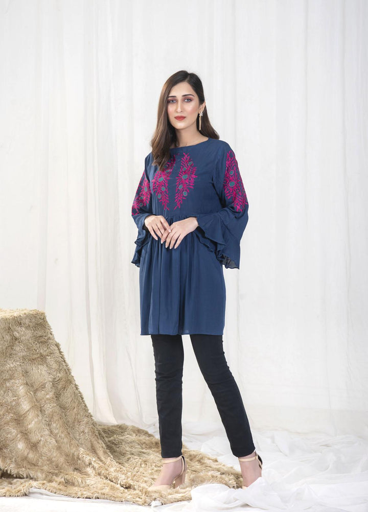 Nazmina Pret Casual Boski Top NZ23SSP AB-502 Teal Blue Embroidered