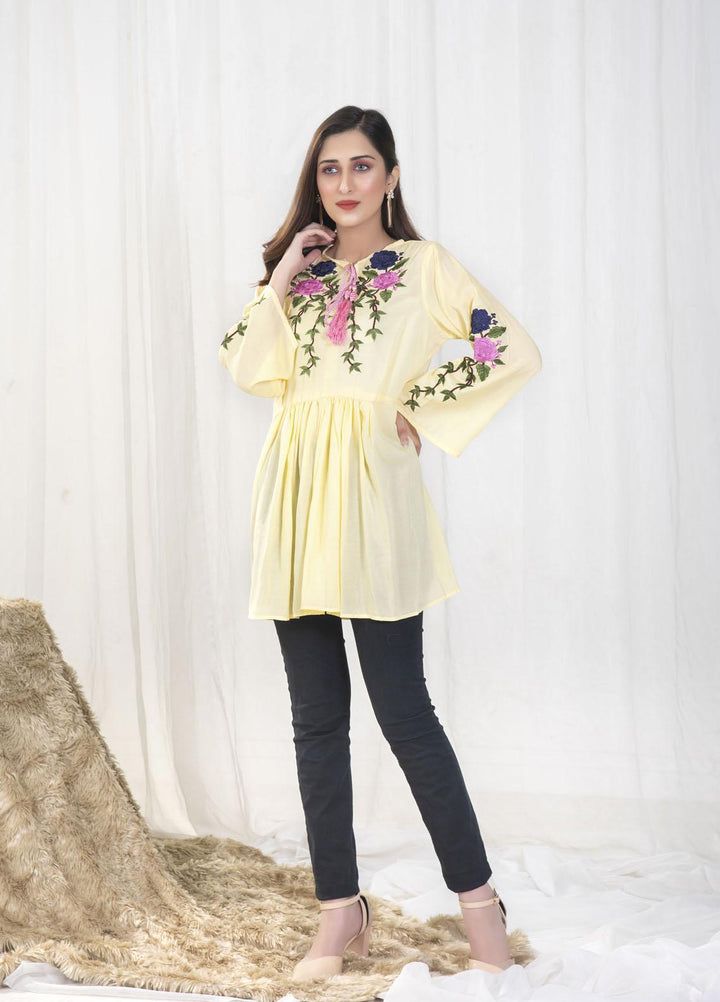 Nazmina Pret Casual Boski Top NZ23SSP AB-503 Lemon Lime Embroidered Top