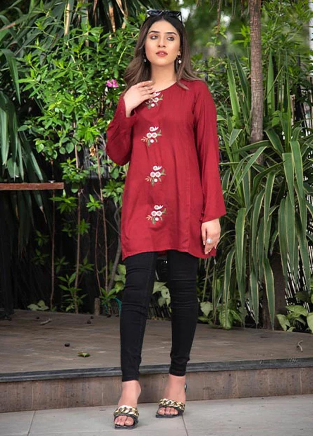 Nazmina Embroidered Casual Boski Shirt AB-508 Maroon Dreams Embriodered