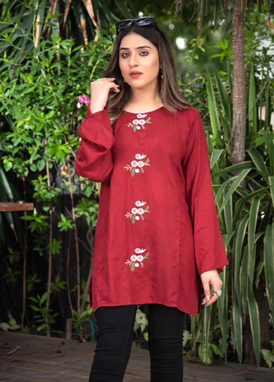 Nazmina Embroidered Casual Boski Shirt AB-508 Maroon Dreams Embriodered