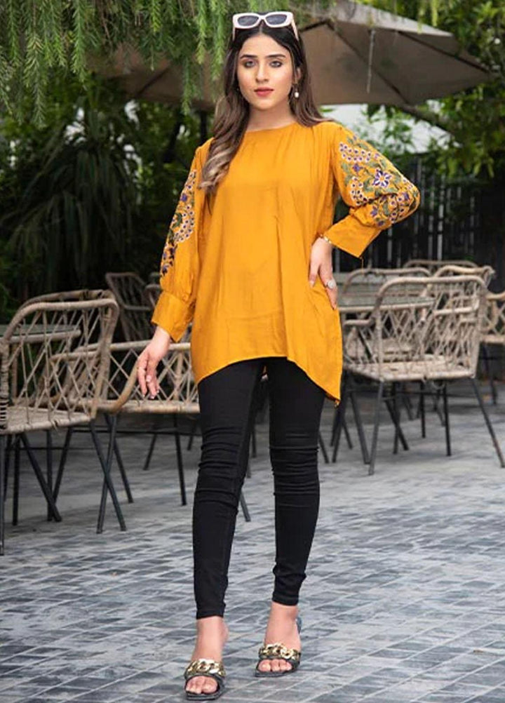 Nazmina Embroidered Casual Boski Shirt AB-509 Mustard With Embroidered Sleeves