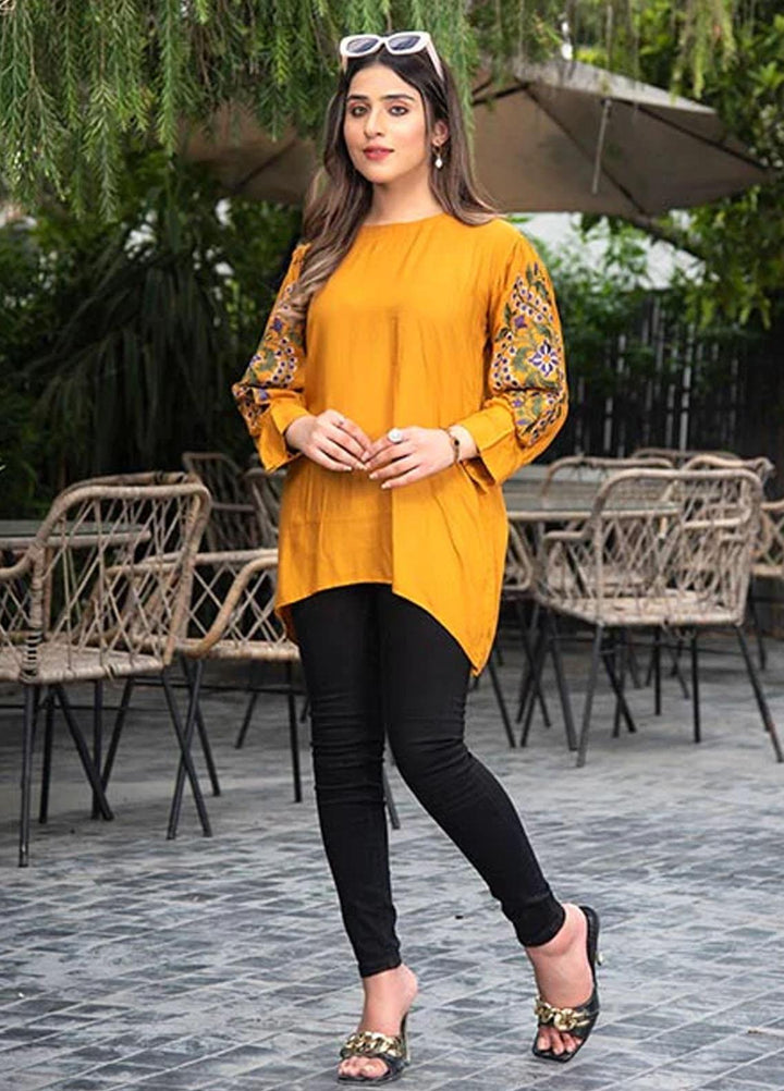 Nazmina Embroidered Casual Boski Shirt AB-509 Mustard With Embroidered Sleeves