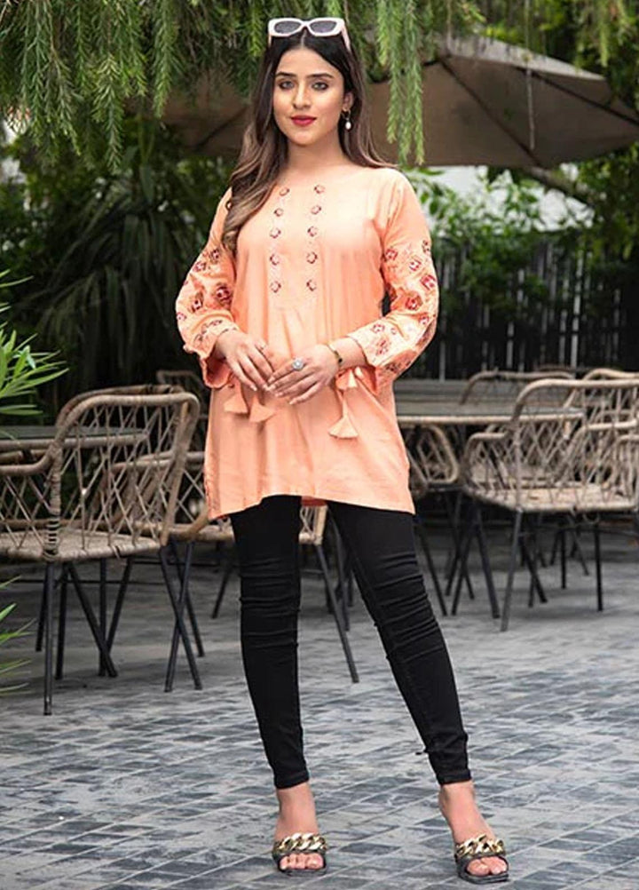 Nazmina Embroidered Casual Boski Shirt AB-511 Peachy With Embroidered Neck & Sleeves